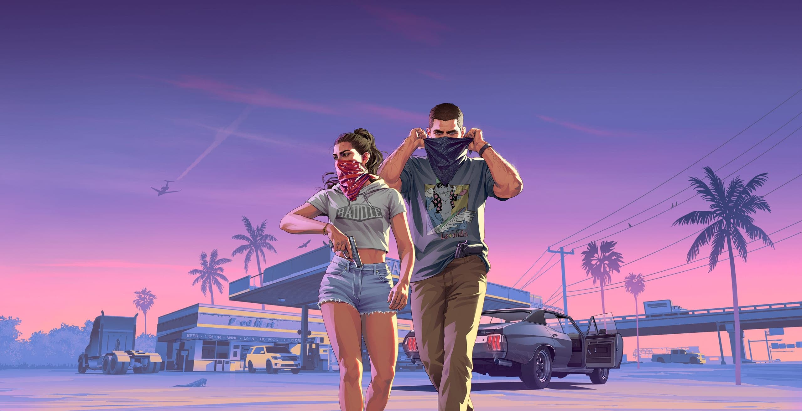 Jason e Lucia em arte oficial de GTA VI, em frente a um posto de gasolina em Leonida