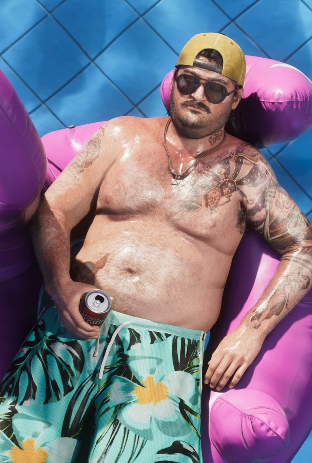 Homem tatuado relaxa numa boia na piscina segurando uma lata de cerveja, em captura de tela oficial de GTA VI — a lata não é das marcas registradas pela cervejaria da Flórida