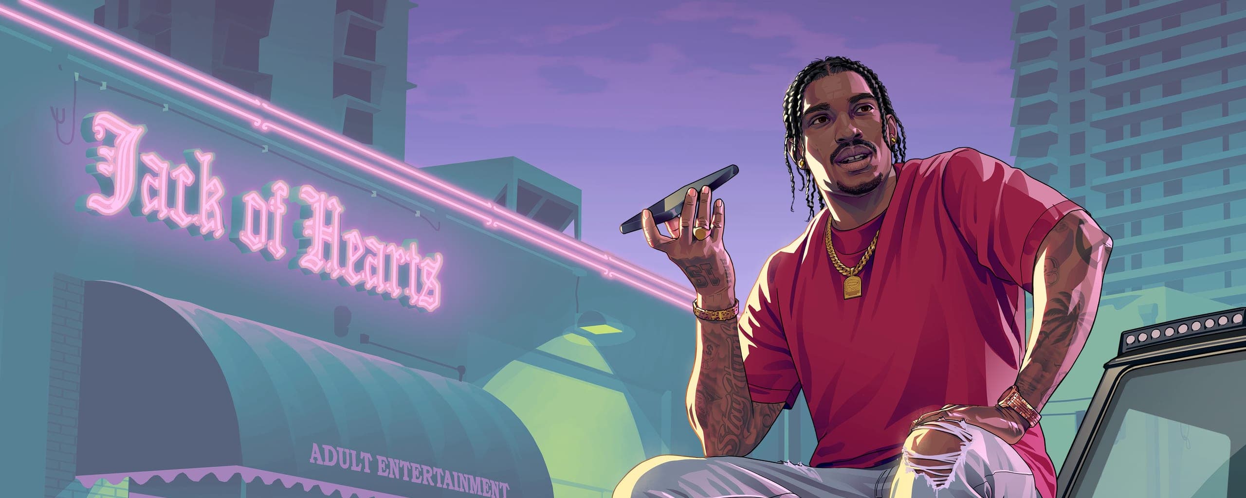 Personagem em arte oficial de GTA VI, mostrando o nível de detalhe dos protagonistas